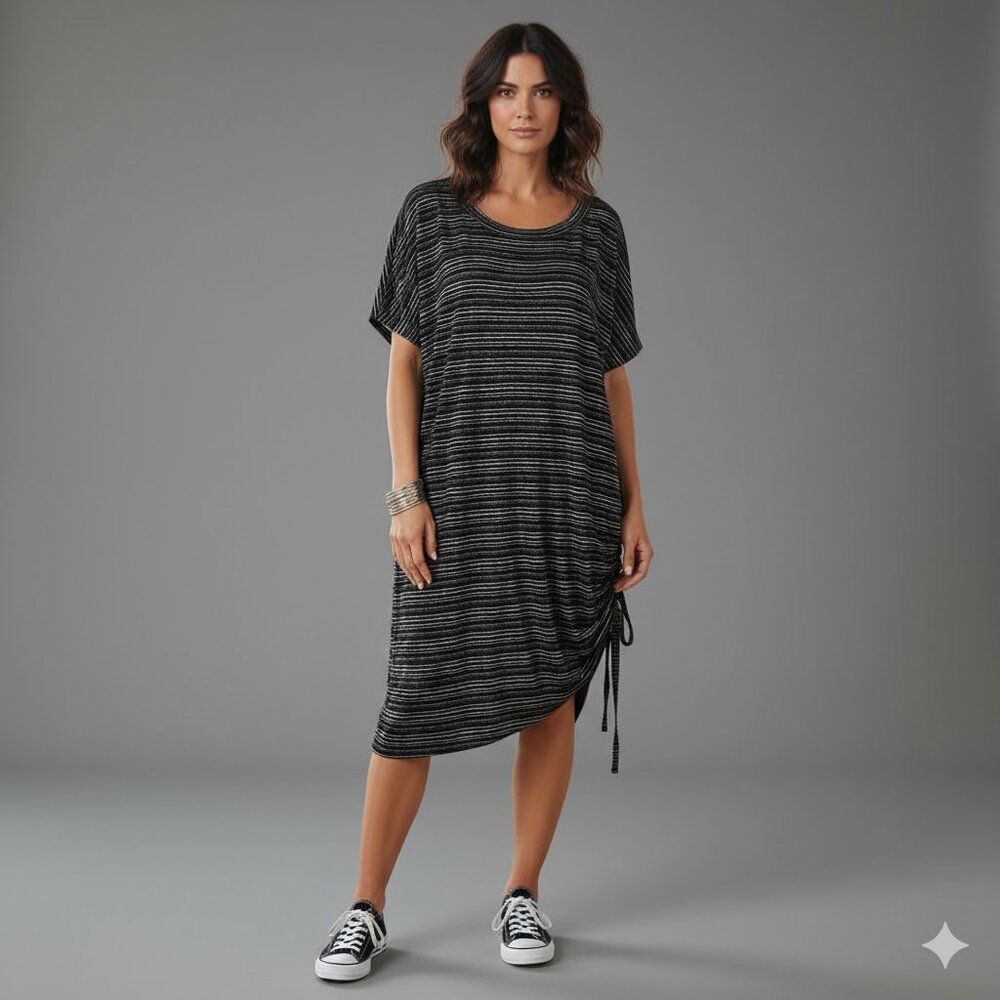 Dolce & Gabbana Metallic Stripe Cinchable T-Shirt Dress in Silver/Black Size 38